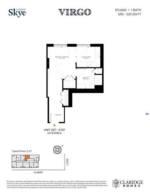 Floor plan for studio, 1 bath, 525 sqft